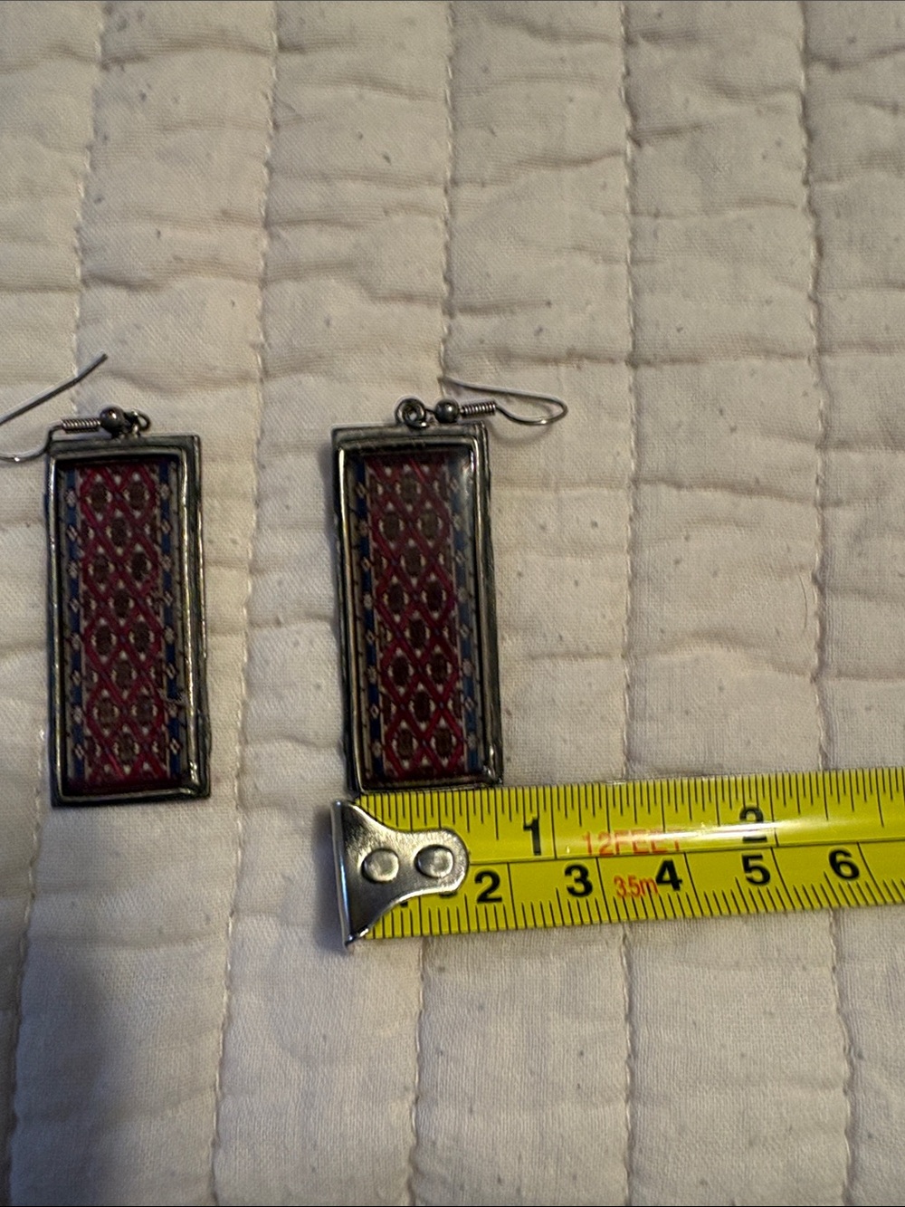 Rectangular Patterned Drop Earrings in Deep Red and Blue - Picture 5 of 5